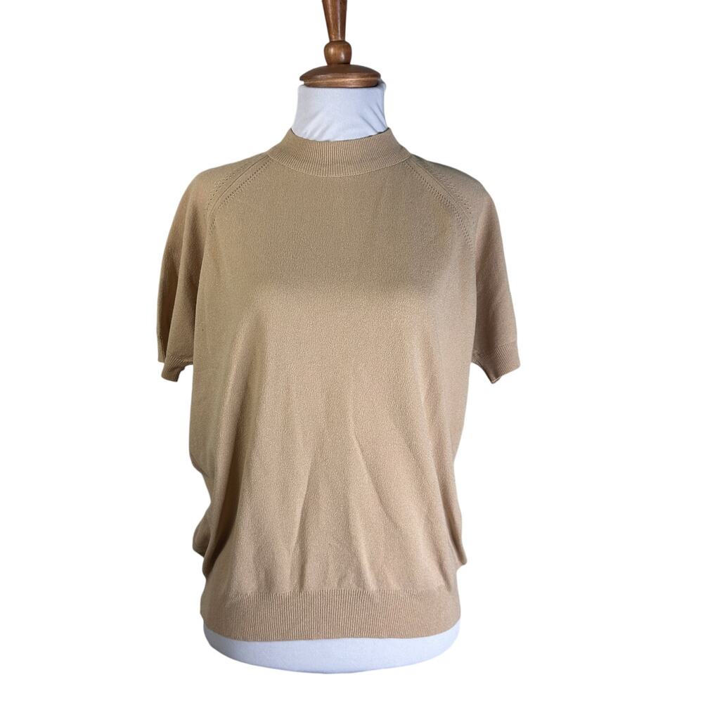 Vintage 1960s Acrylic Khaki Beige Shell Short Sleeved Sweater M/L